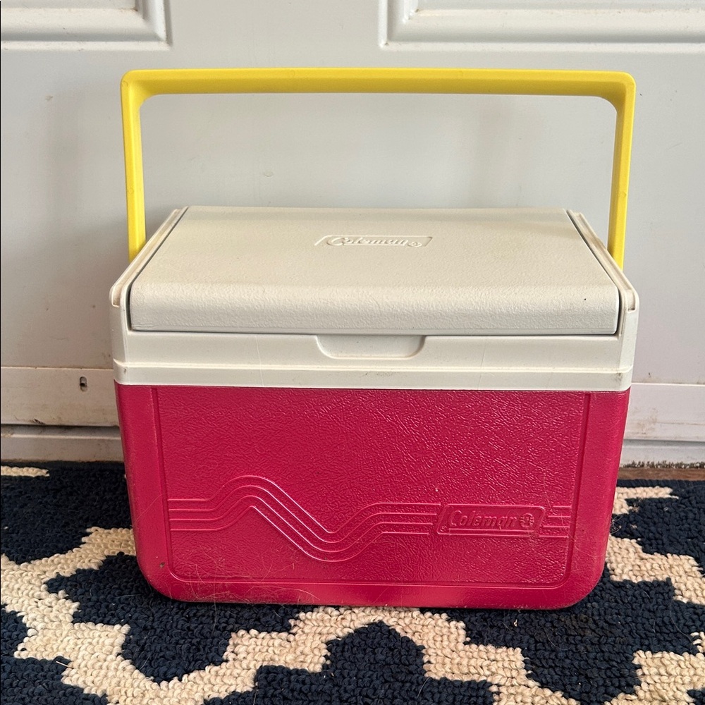 RETRO Coleman pink and white Cooler with Yellow Handle